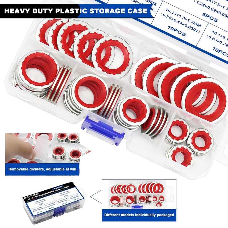 Daptemn 50PCS A/C O-Ring Assortment Kit, 6 Sizes Air Conditioning System Compressor Port Gasket Repairs Automotive Self-Centered Washer, Replace A/C Compressor Boned Seal Washer (ID: 8mm-17.5mm) (Red) - Image 5